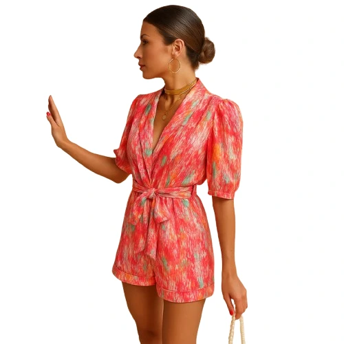 Ruevera Women's Short Printed Jumpsuit – Belted Vacation Romper - Image 2