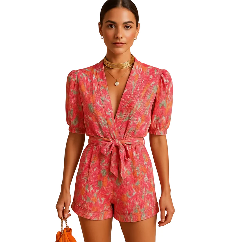 Ruevera Women's Short Printed Jumpsuit – Belted Vacation Romper