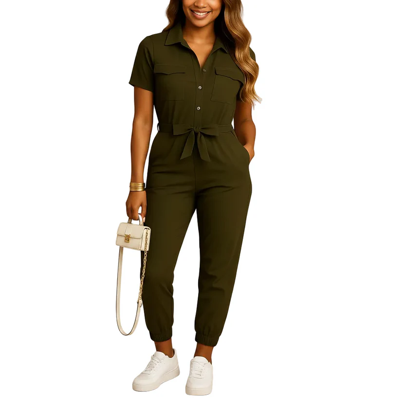 Women's Tailored Slim Fit Jumpsuit – Button Front Dressy One-Piece