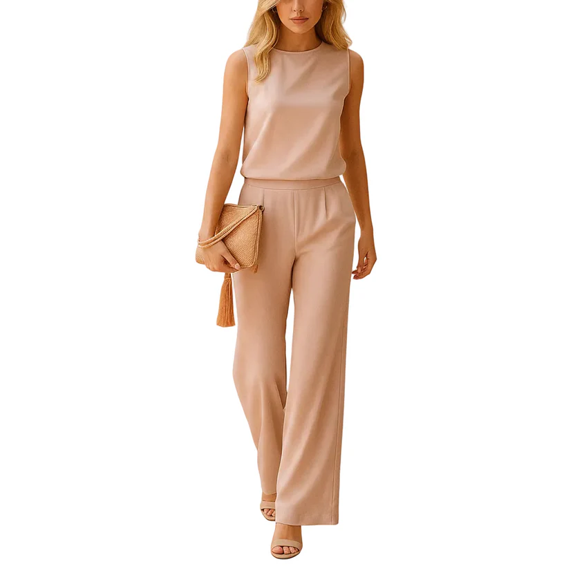 Ruevera Women's Wide Leg Jumpsuit – Round Neck Dressy Outfit for Work